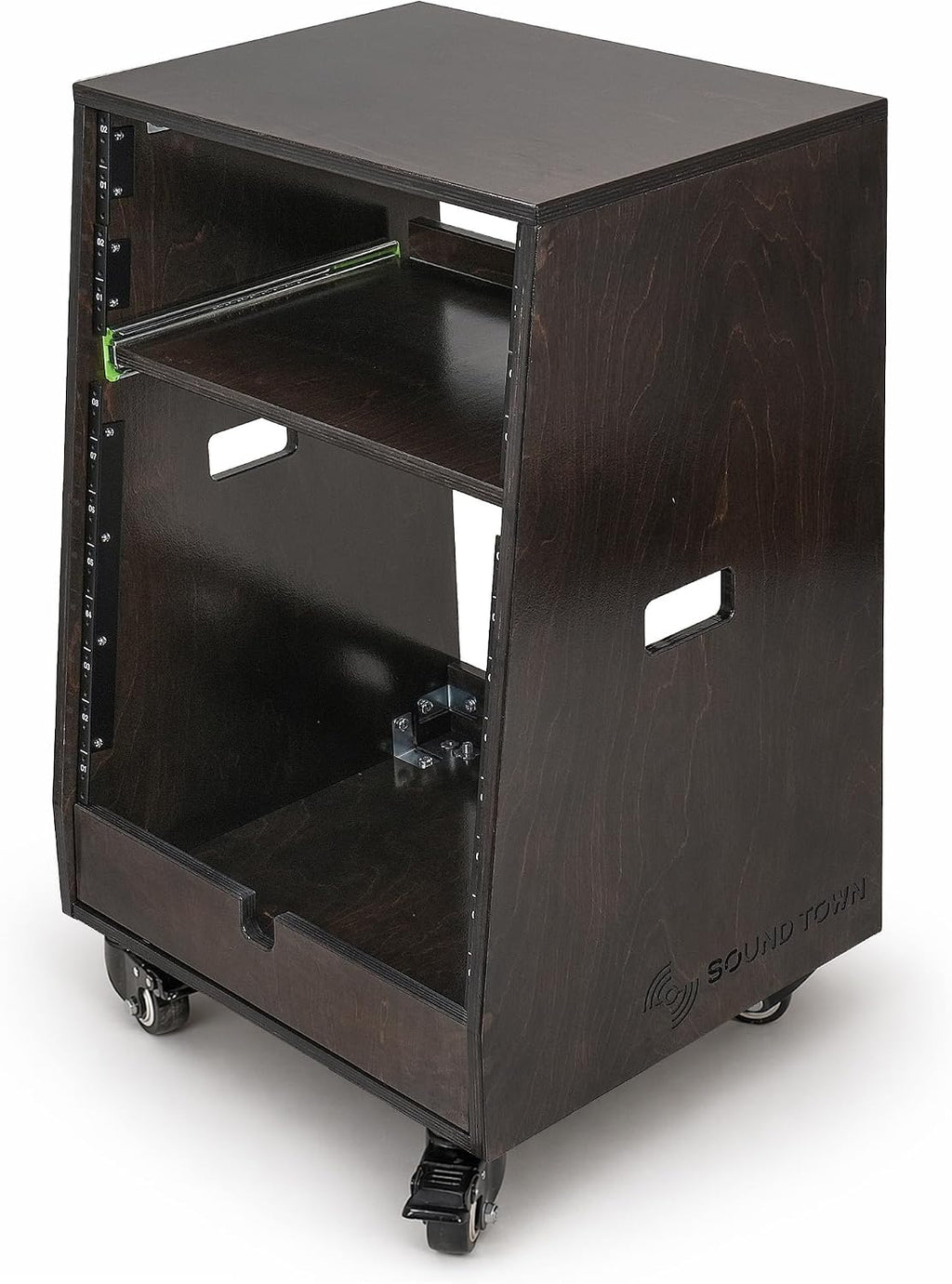 Sound Town DIY Slanted 12U Studio Rack (4U Top + 8U Lower) with 2U Bottom Storage, Slide-Out Tray, Casters, for Home Studio and Recording Room, Birch Plywood, Black Espresso (SDRK-ST12TD)