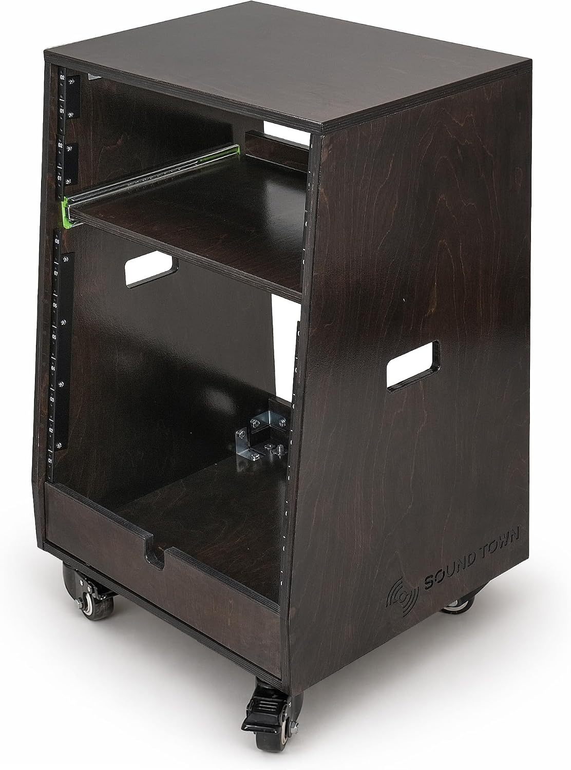 Sound Town DIY Slanted 12U Studio Rack (4U Top + 8U Lower) with 2U Bottom Storage, Slide-Out Tray, Casters, for Home Studio and Recording Room, Birch Plywood, Black Espresso (SDRK-ST12TD)