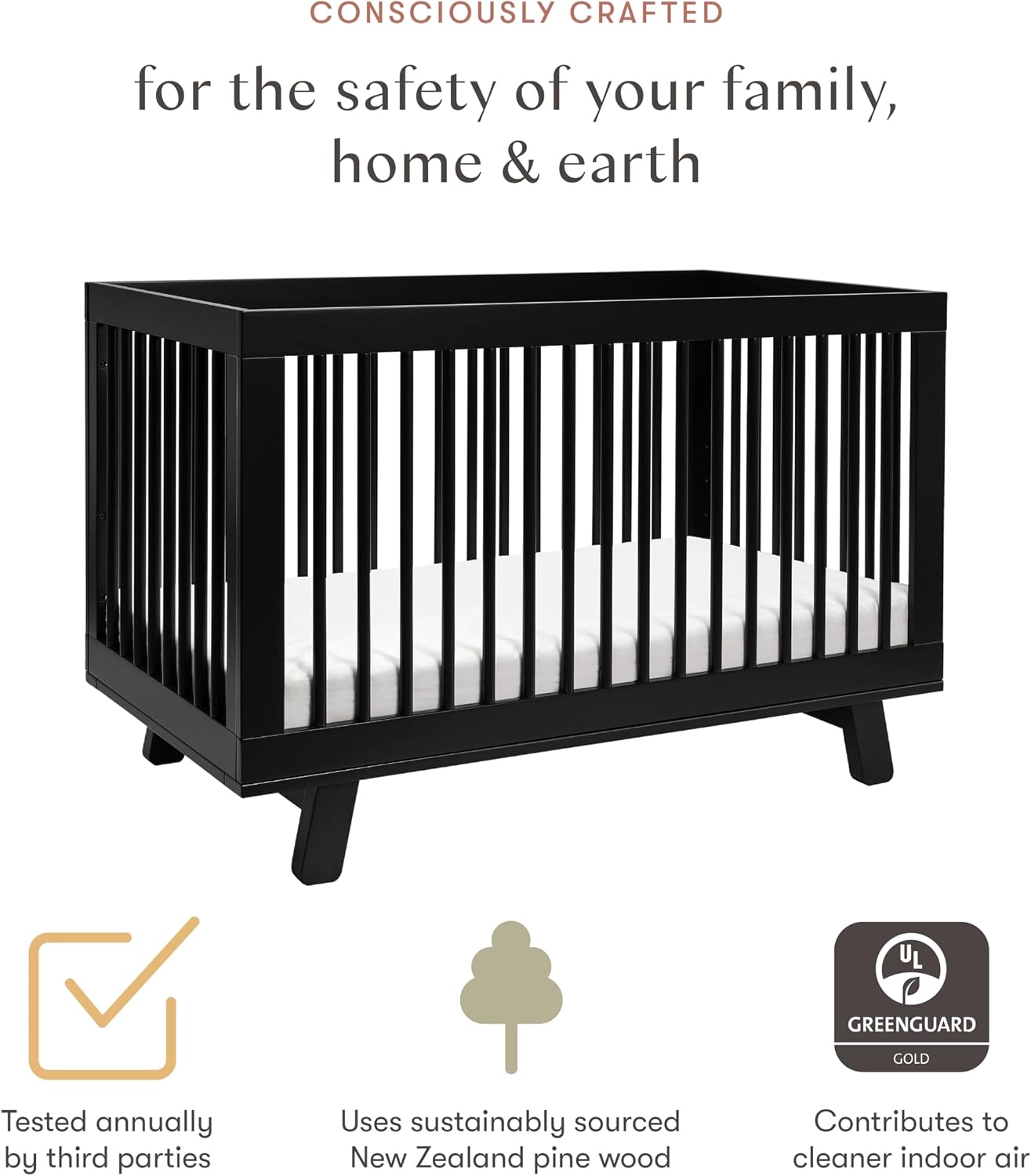 Babyletto Hudson 3-in-1 Convertible Baby Crib - GREENGUARD Gold Certified Convertible Crib to Toddler Bed & Daybed - Wooden Baby Bed with 4 Adjustable Mattress Heights - Easy to Assemble - Black