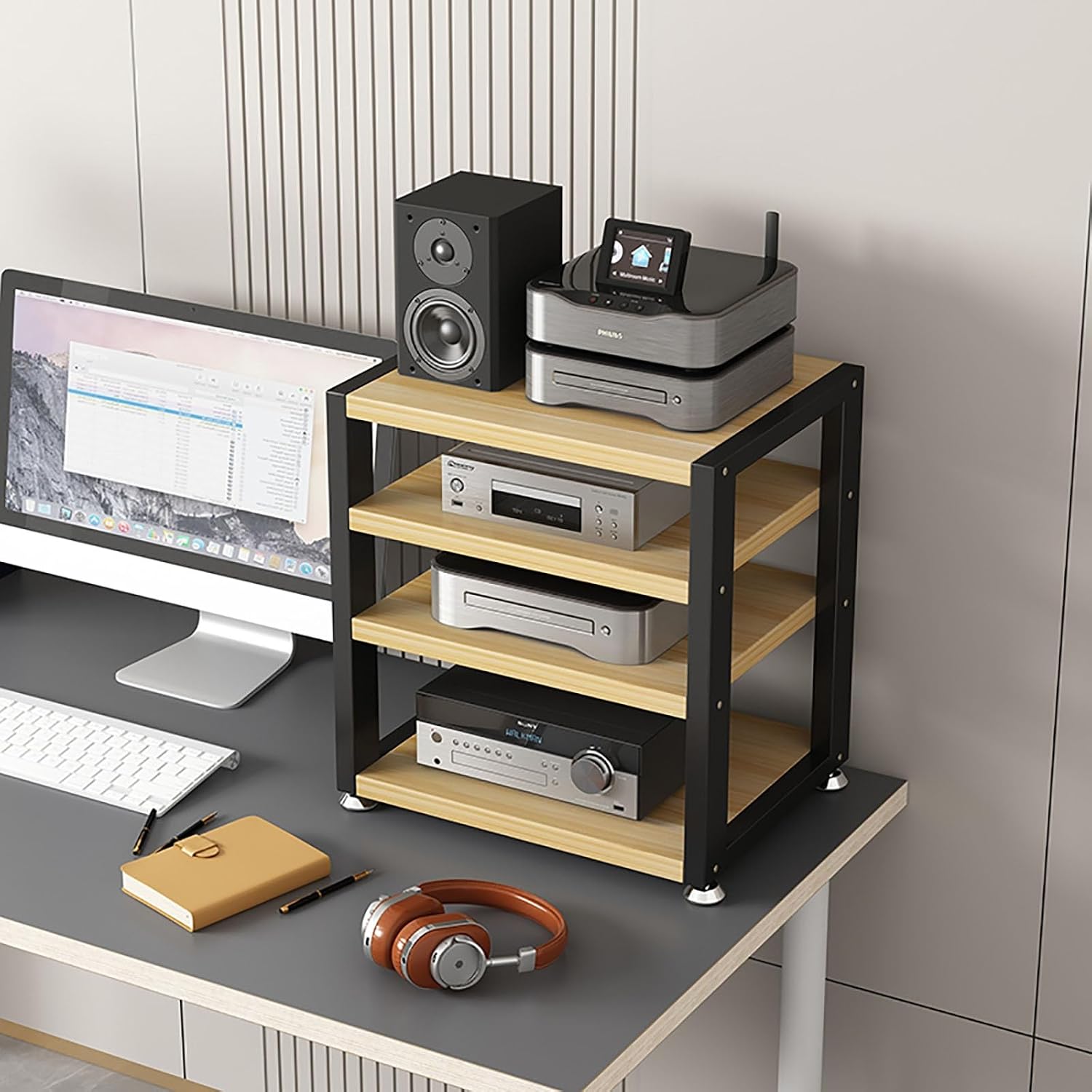 Portable Media Stand - Audio Rack for Living Room, Gaming & Recording, Corner Stereo Shelf with Wood Finish, AV Media Storage Solution, 40x35x48cm, Stylish & Functional Design