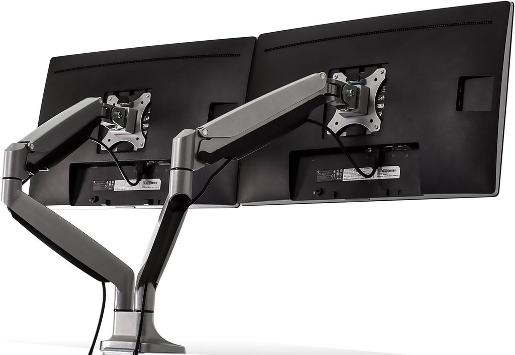 Mount-It! (MI-1772) Dual Monitor Arm Mount Desk Stand Two Articulating Gas Spring Height Adjustable Arms | Fits Up To 32' VESA 75 100 Compatible Screens | C-Clamp and Grommet Bases (Silver)