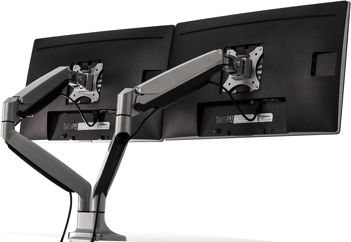 Mount-It! (MI-1772) Dual Monitor Arm Mount Desk Stand Two Articulating Gas Spring Height Adjustable Arms | Fits Up To 32' VESA 75 100 Compatible Screens | C-Clamp and Grommet Bases (Silver)