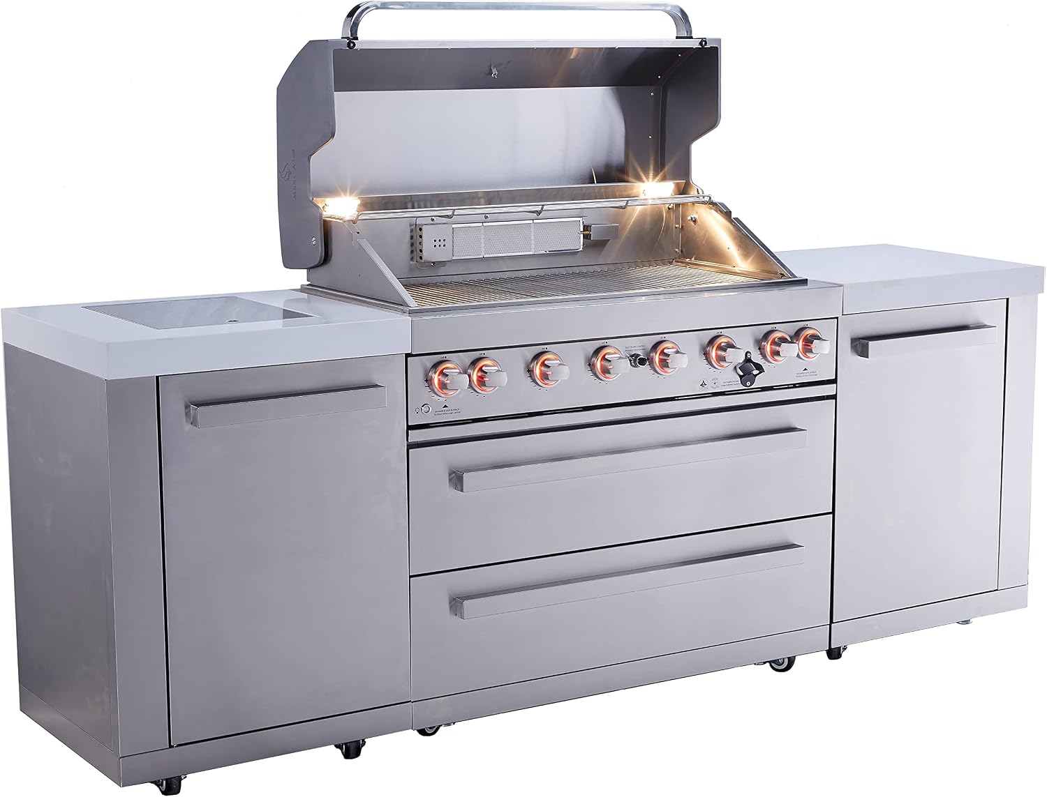 Mont Alpi MAi805 Outdoor Kitchen Island Grill - 44 Inch 6 Burner 115000 BTU Stainless Steel | Infrared Side & Rear Burner | Granite Countertop | Propane