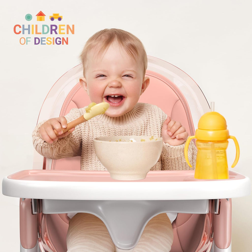6 in 1 Deluxe Wooden High Chair for Babies & Toddlers Modern Safe Compact Baby Highchair, Easy to Clean, Removable Tray & Cushion, 6 Options 3 Seat Positions 2 Heights (Pink)