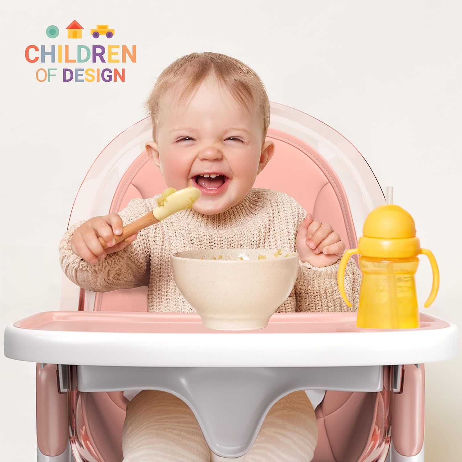 6 in 1 Deluxe Wooden High Chair for Babies & Toddlers Modern Safe Compact Baby Highchair, Easy to Clean, Removable Tray & Cushion, 6 Options 3 Seat Positions 2 Heights (Pink)