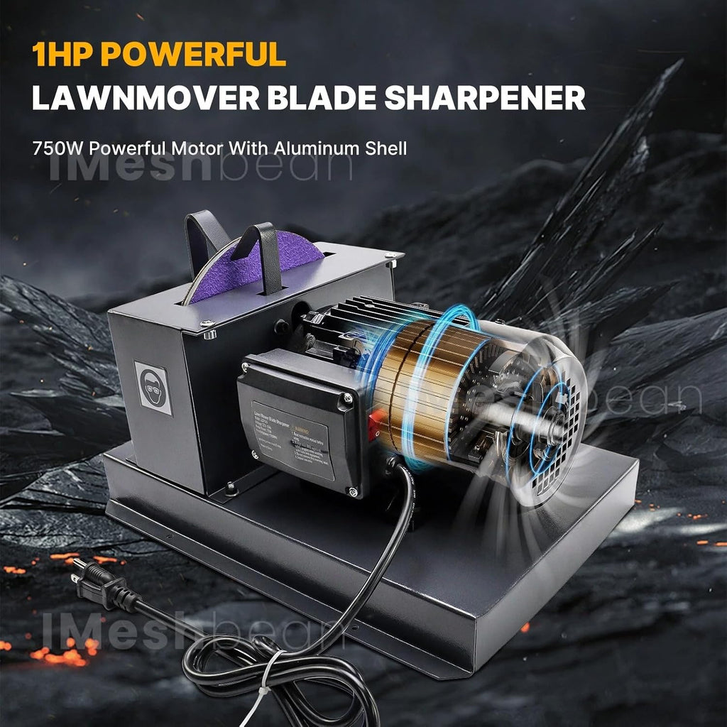 iMeshbean 1HP 750W Lawn Mower Blade Sharpener, Lawnmower Blade Grinder with 9-inch Grinding Wheel, Heavy-Duty Sharpening Machine for High/Low Lift, Gator & Flat Blades