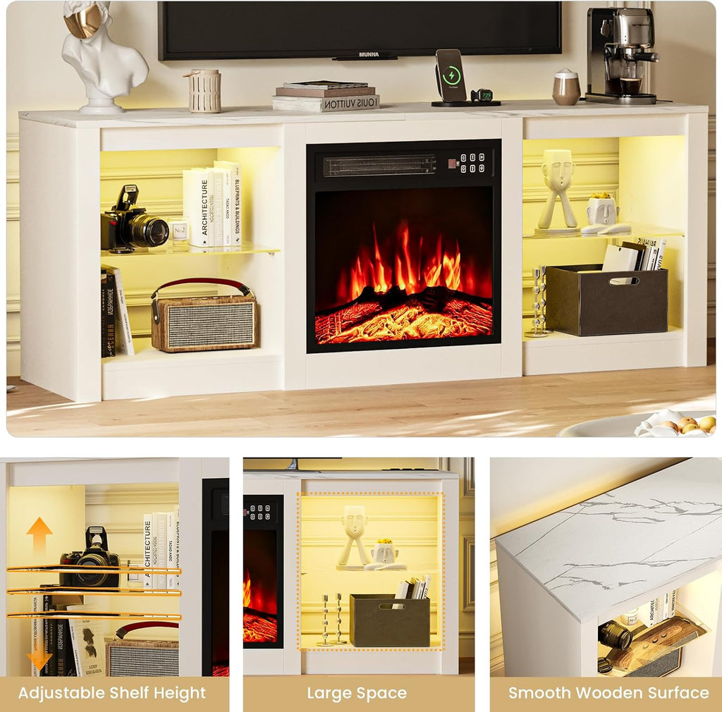 EAG Fireplace TV Stand for 65' TV, TV Stand with 18' Electric Fireplace, Entertainment Center with Glass Shelves, LED Lights and Power Outlets, Media TV Console for Living Room, White