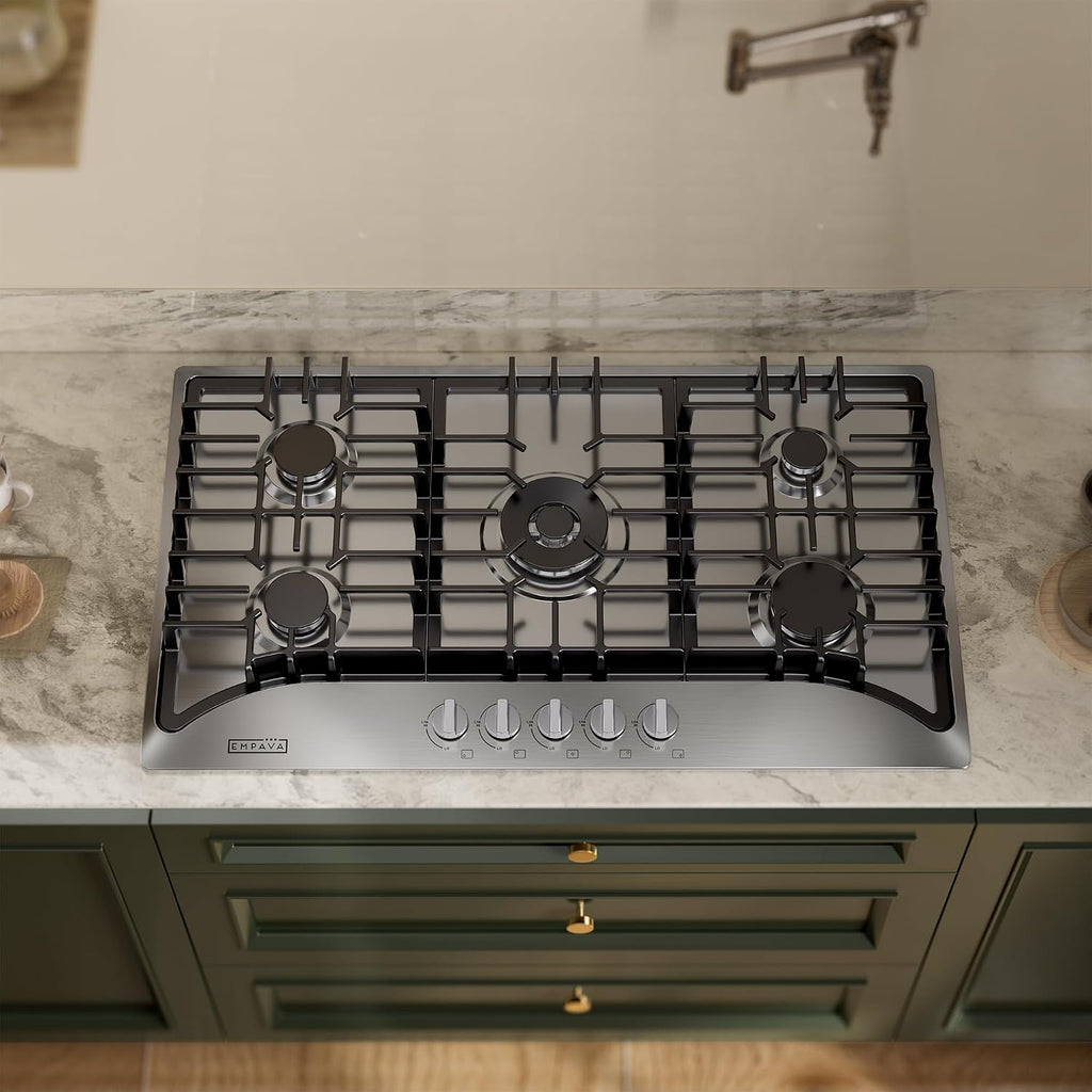 Empava 36 Inch Built-in Gas Cooktop with 5 Sealed SABAF Burners, Stainless Steel Surface, LPG/NG Convertible, Auto Electric Pulse Ignition, Flame Failure Protection