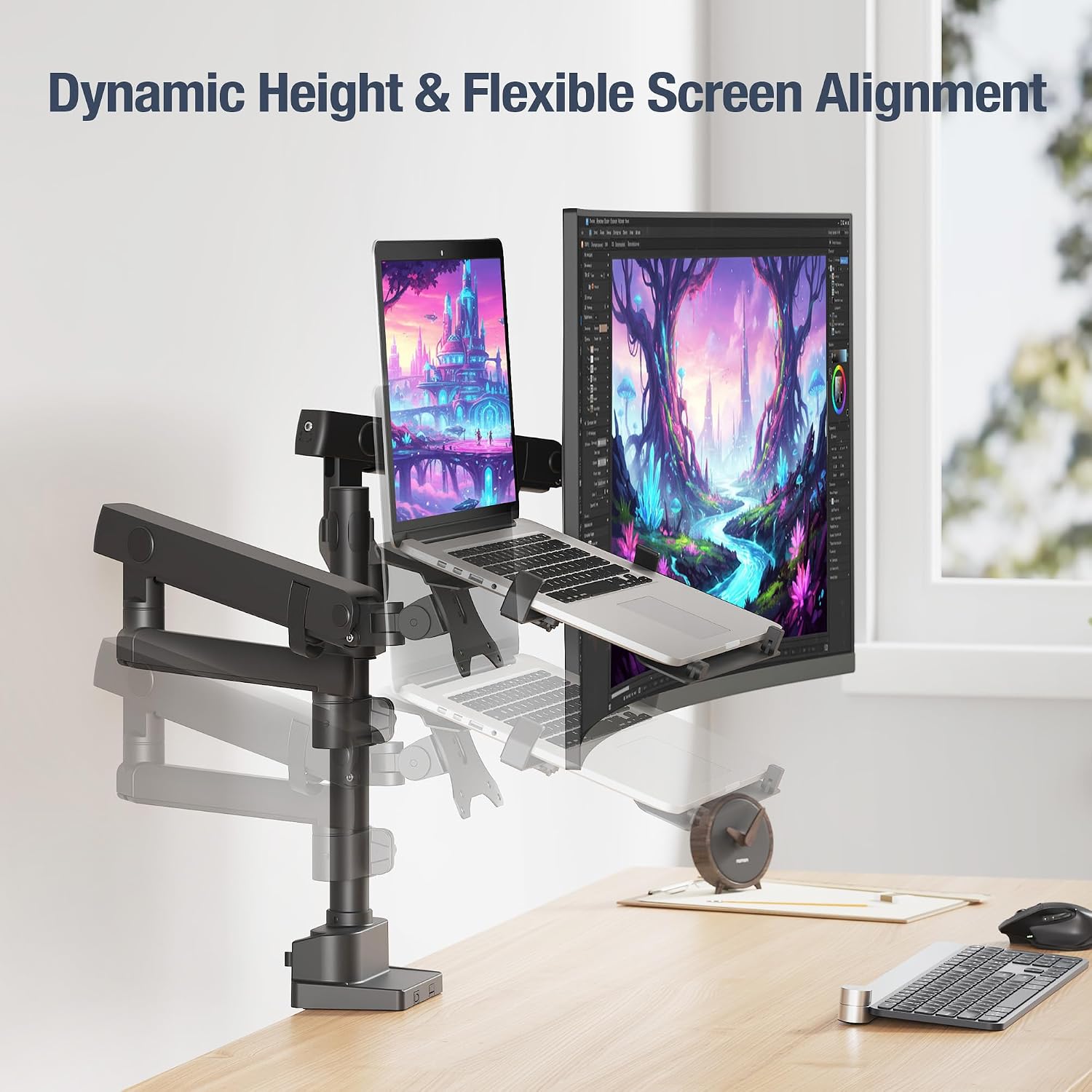 AVLT Laptop & 38 Inch Monitor Arm Pole Top Mount-Black, Supports 26.4 lbs (12 kg), Stacked Monitor, VESA Compatible, Ultrawide Screen Fit, Adjustable Height, Tilt Swivel Rotate, Cable Management