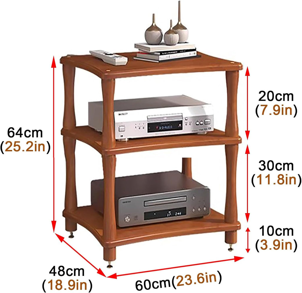 Retro Audio Rack Stand 4-Tier Media Tower for Home Theatre Wooden DVD Holder & Console Shelf Vintage Stereo Cabinet for Gaming & Av Equipment-Brown-3 Tier