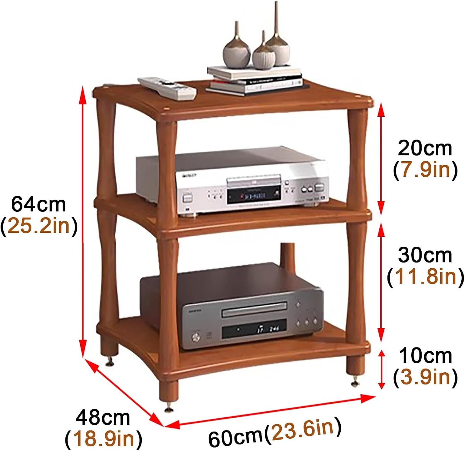 Retro Audio Rack Stand 4-Tier Media Tower for Home Theatre Wooden DVD Holder & Console Shelf Vintage Stereo Cabinet for Gaming & Av Equipment-Brown-3 Tier