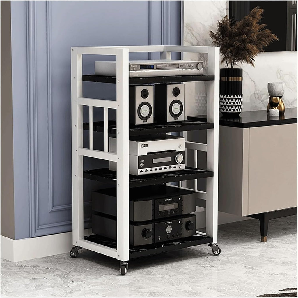 Audio Rack 4 Tier Stereo Rack Audio Equipment Rack Audio Stereo Shelf Wooden Open HiFi Rack Audio-Video Shelving with Wheels Movable(Nero)
