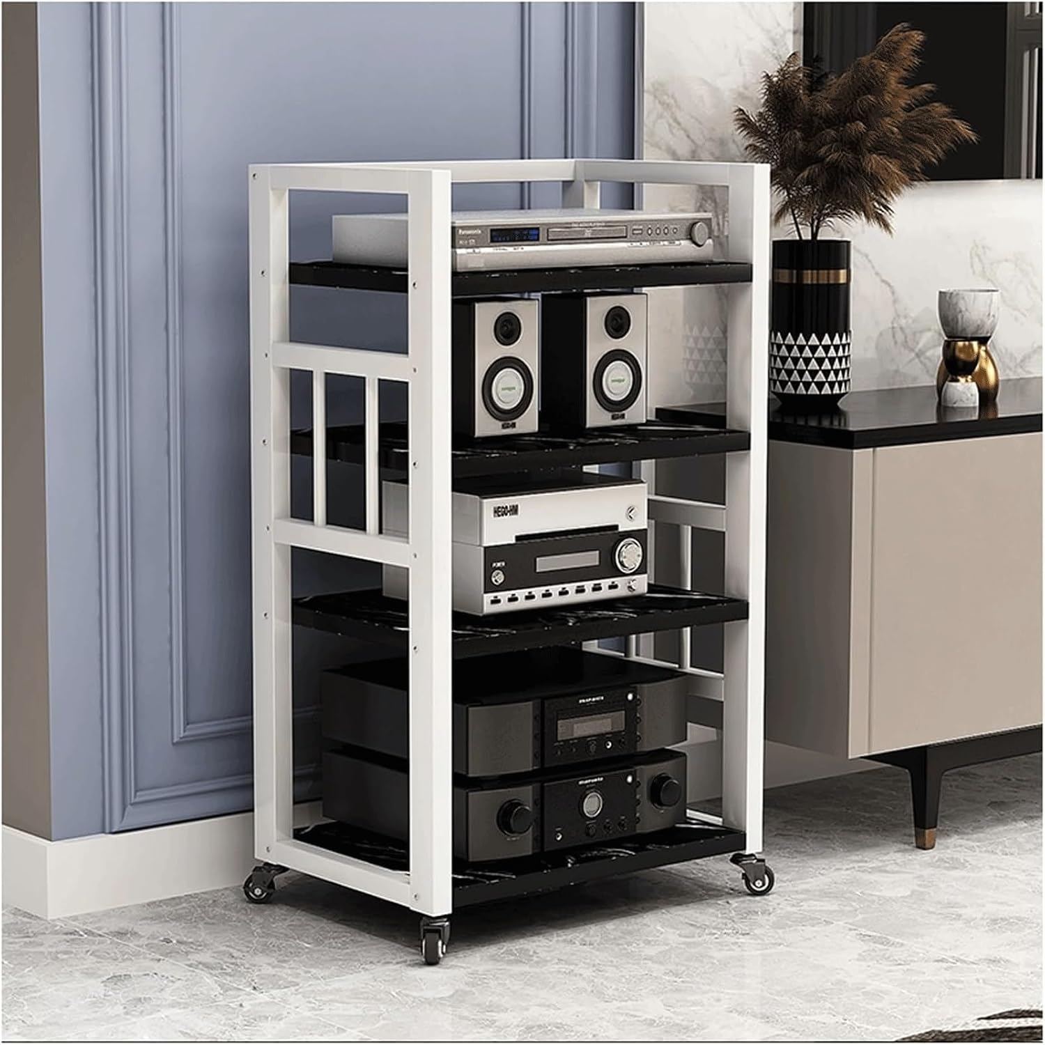 Audio Rack 4 Tier Stereo Rack Audio Equipment Rack Audio Stereo Shelf Wooden Open HiFi Rack Audio-Video Shelving with Wheels Movable(Nero)