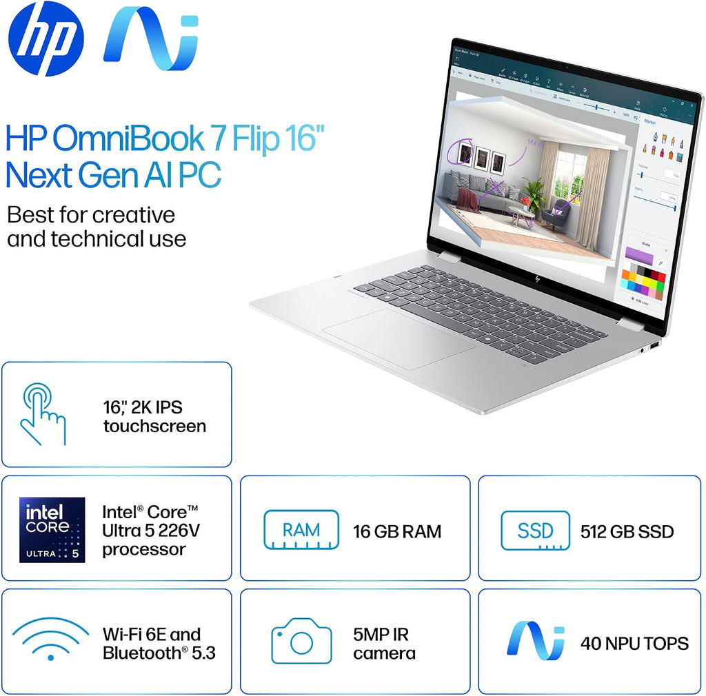HP OmniBook 7 Flip 16 inch 2-in-1 Next Gen AI PC, 2K Touchscreen Display, Intel Core Ultra 5 226V, 16 GB RAM, 512 GB SSD, Intel Arc 130V GPU, Windows 11 Home, Copilot+ PC, Glacier Silver, 16-au0000nr