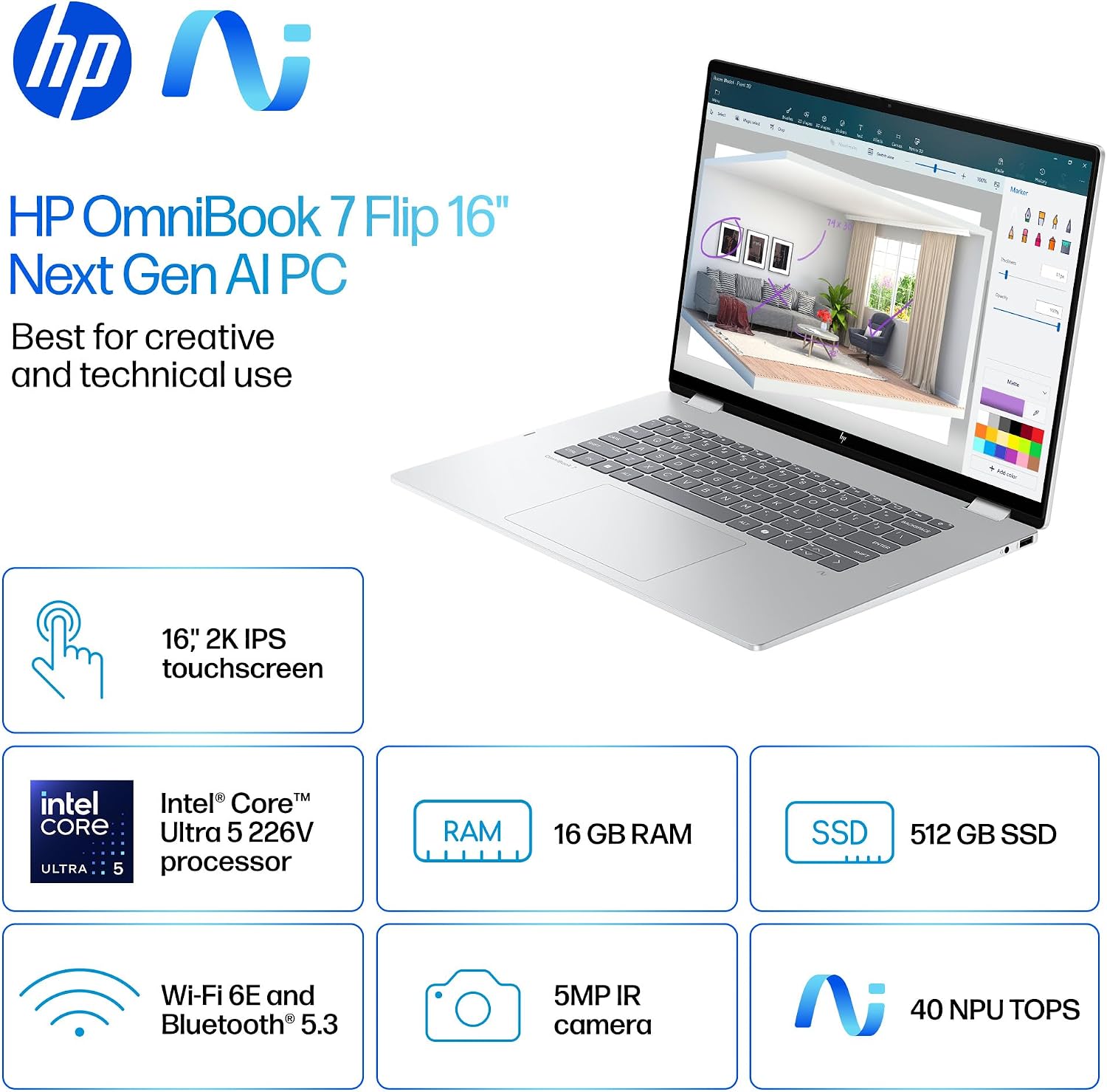 HP OmniBook 7 Flip 16 inch 2-in-1 Next Gen AI PC, 2K Touchscreen Display, Intel Core Ultra 5 226V, 16 GB RAM, 512 GB SSD, Intel Arc 130V GPU, Windows 11 Home, Copilot+ PC, Glacier Silver, 16-au0000nr