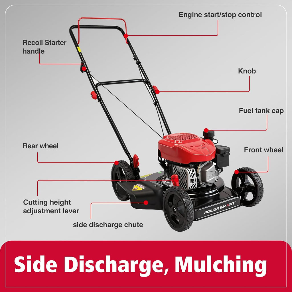 PowerSmart EasyCut 18-Inch Gas Lawn Mower, 144cc OHV Engine, Durable Steel Deck, Walk-Behind Push Mower with Side Discharge, 5-Position Height Adjustment, Lightweight Design for Small Yard