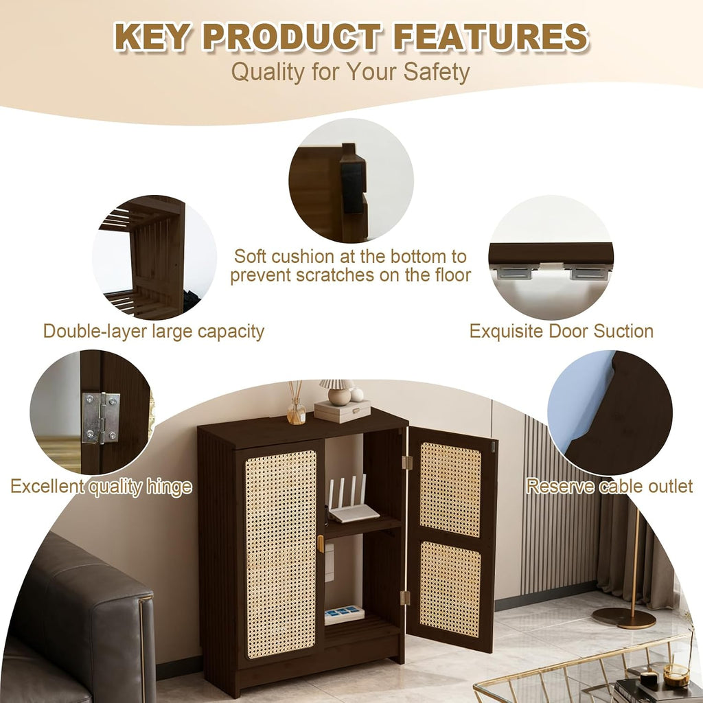 Jueraori WiFi Router Storage Cabinet, Bamboo Router Cabinet with Adjustable Shelves, Multimedia Audio Rack with Doors, 2 Layer Standing Cabinets for Home and Office