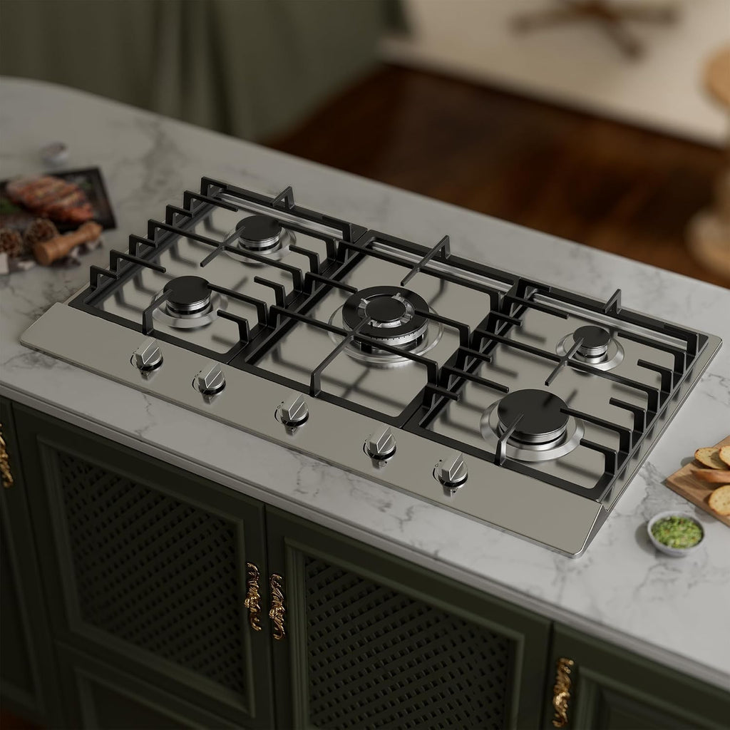 Gas Cooktop 36 inch with 5 Sealed Burners, Stainless Steel Built-in Stovetop, NG/LPG Convertible, Dishwasher Safe Cast Iron Grates, 38K BTU