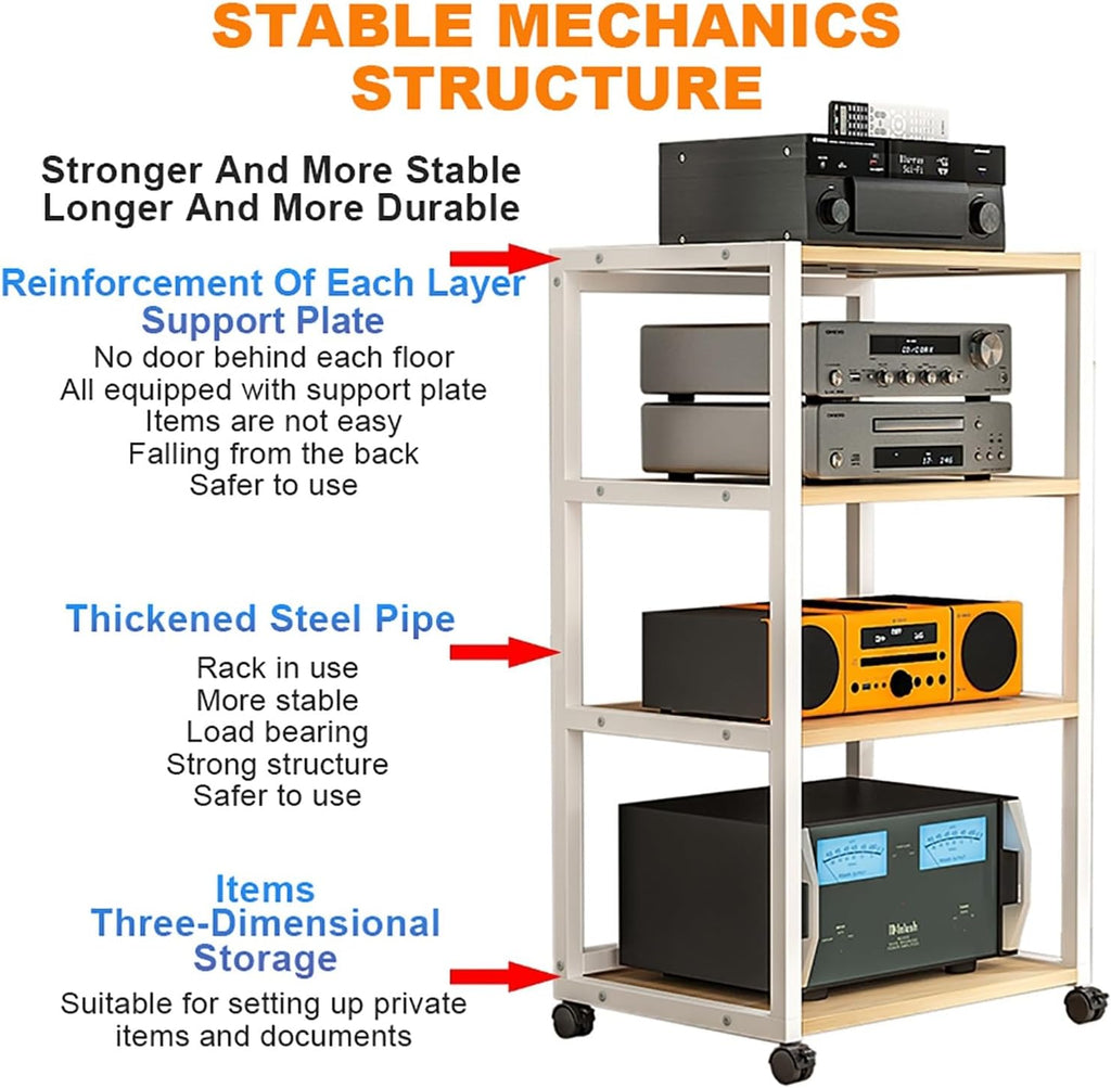 Movable Corner Storage Shelf with Wheels - 3/4/5 Tier Audio Rack for Amplifiers & Media - Floor-Standing Shelving Unit for Living Room, Gaming & Recording Room (Walnut, 50x40x111cm)