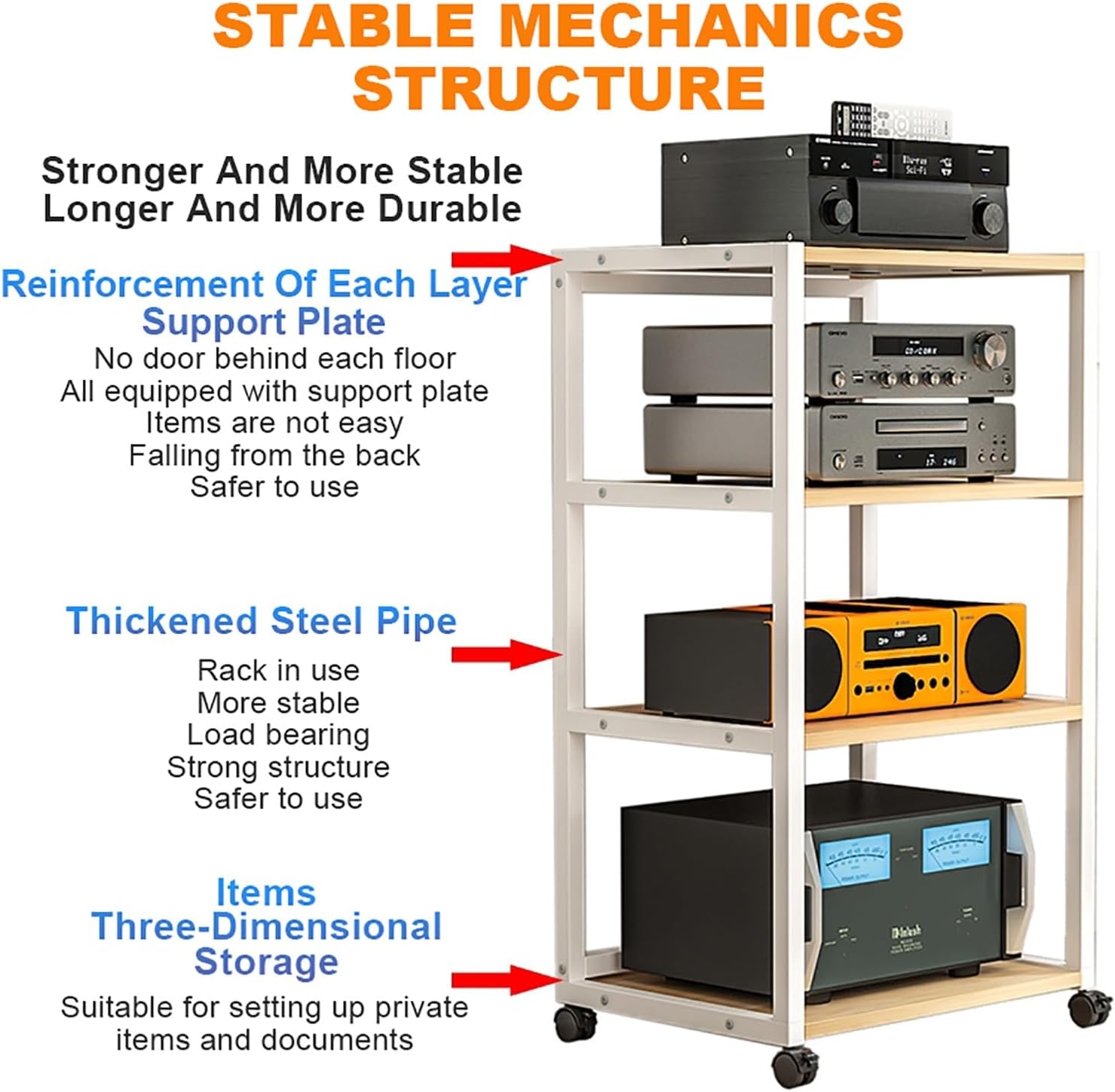 Movable Corner Storage Shelf with Wheels - 3/4/5 Tier Audio Rack for Amplifiers & Media - Floor-Standing Shelving Unit for Living Room, Gaming & Recording (Walnut, 50x40x81cm)