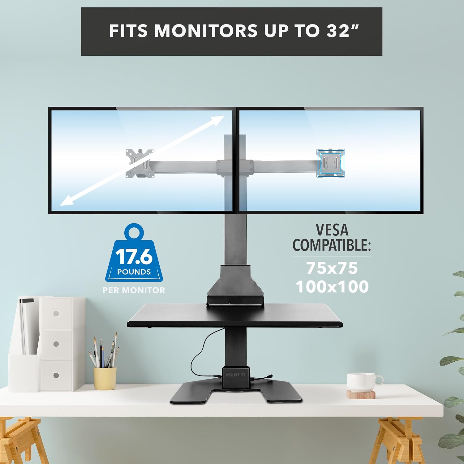 Mount-It! Double Monitor Electric Standing Desk Converter - 2 Screens Stand Up Desk Riser - Height Adjustable Desktop & 2 Mounts for Screens up to 32', Sit-Stand Convertor for Home, Office, School