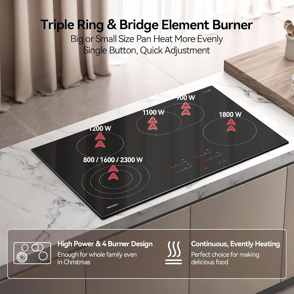 30 Inch Electric Cooktop, TECASA 7300W Radiant Electric Hob with 4 Burners, 240V Built-in Sensor Touch Control Stove Top with Child Safety Lock & Timer, 9 Heating Levels, Hard Wire (No Plug)