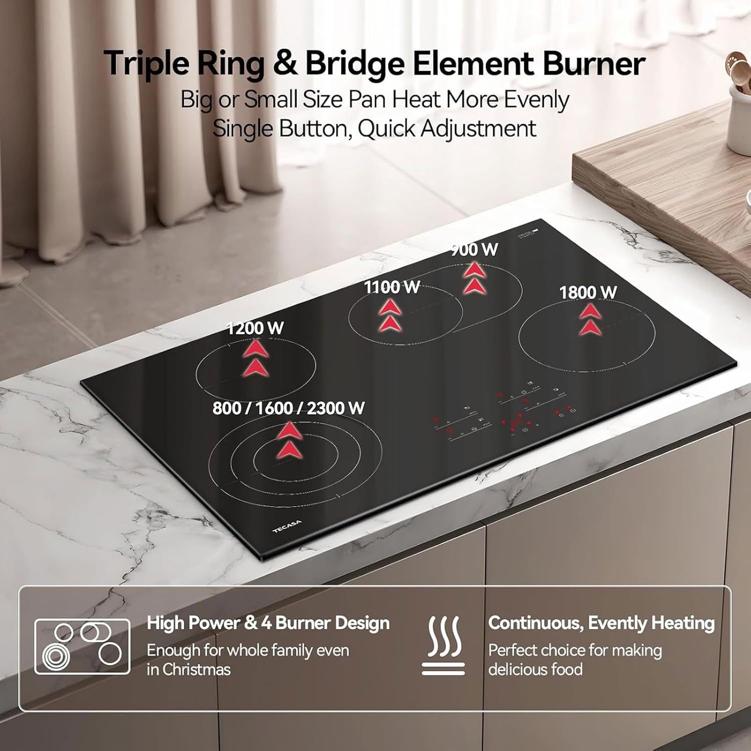 30 Inch Electric Cooktop, TECASA 7300W Radiant Electric Hob with 4 Burners, 240V Built-in Sensor Touch Control Stove Top with Child Safety Lock & Timer, 9 Heating Levels, Hard Wire (No Plug)