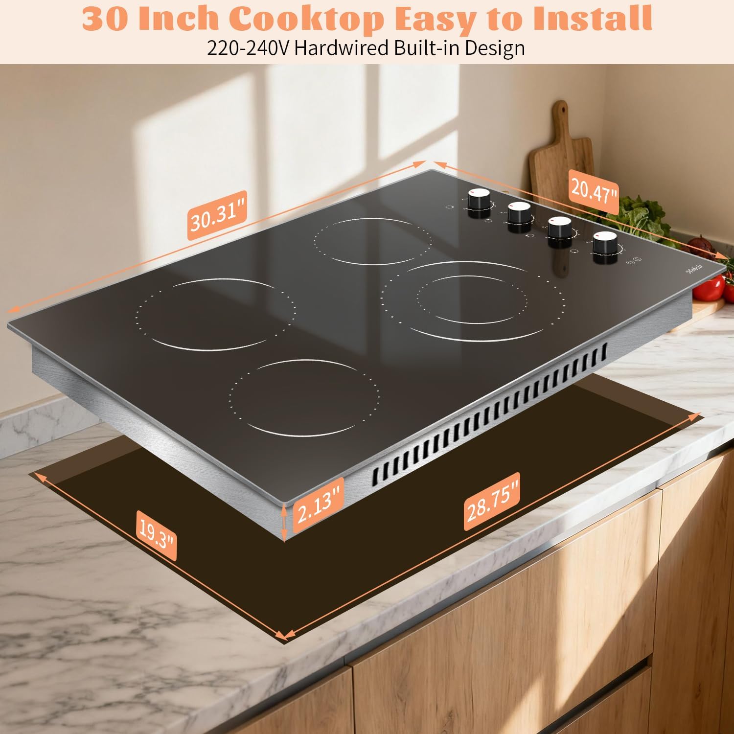 Electric Cooktop 30 Inch Hobsir, 4 Burner Electric Stove Top 6700W, Knob Control Built in Cook top, 30' Electric Stove Top Burner with Glass Protection Metal Frame, Double-ring burner, 220-240v