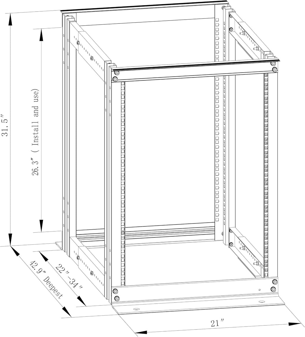 4-Post 15U Open Frame Server Rack for 19' IT Network Equipment & A/V Devices，22'-34' Adjustable Depth，Heavy Duty Free Standing Rack for Servers & AV Gear 4POST-N15U