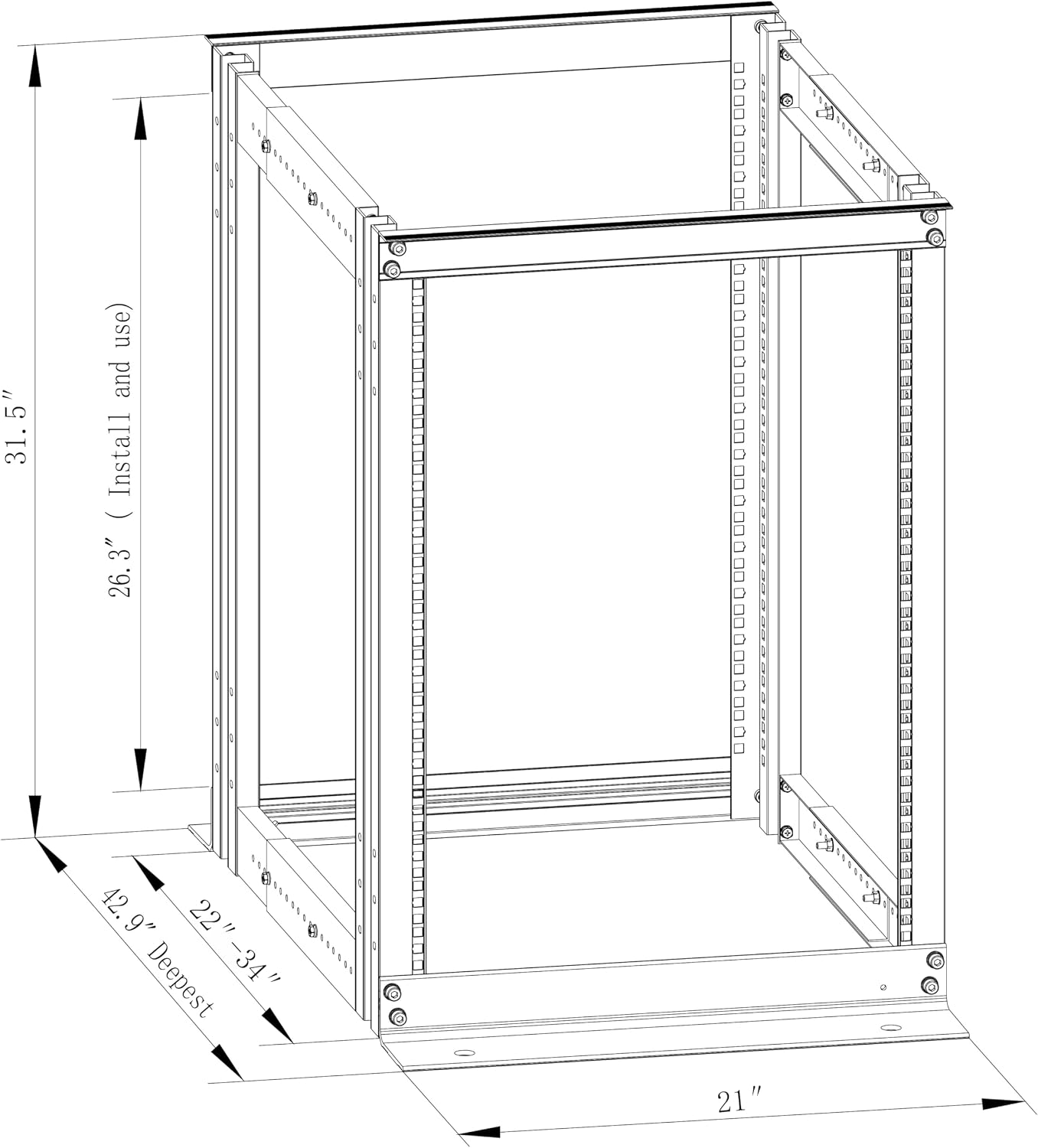 4-Post 15U Open Frame Server Rack for 19' IT Network Equipment & A/V Devices，22'-34' Adjustable Depth，Heavy Duty Free Standing Rack for Servers & AV Gear 4POST-N15U