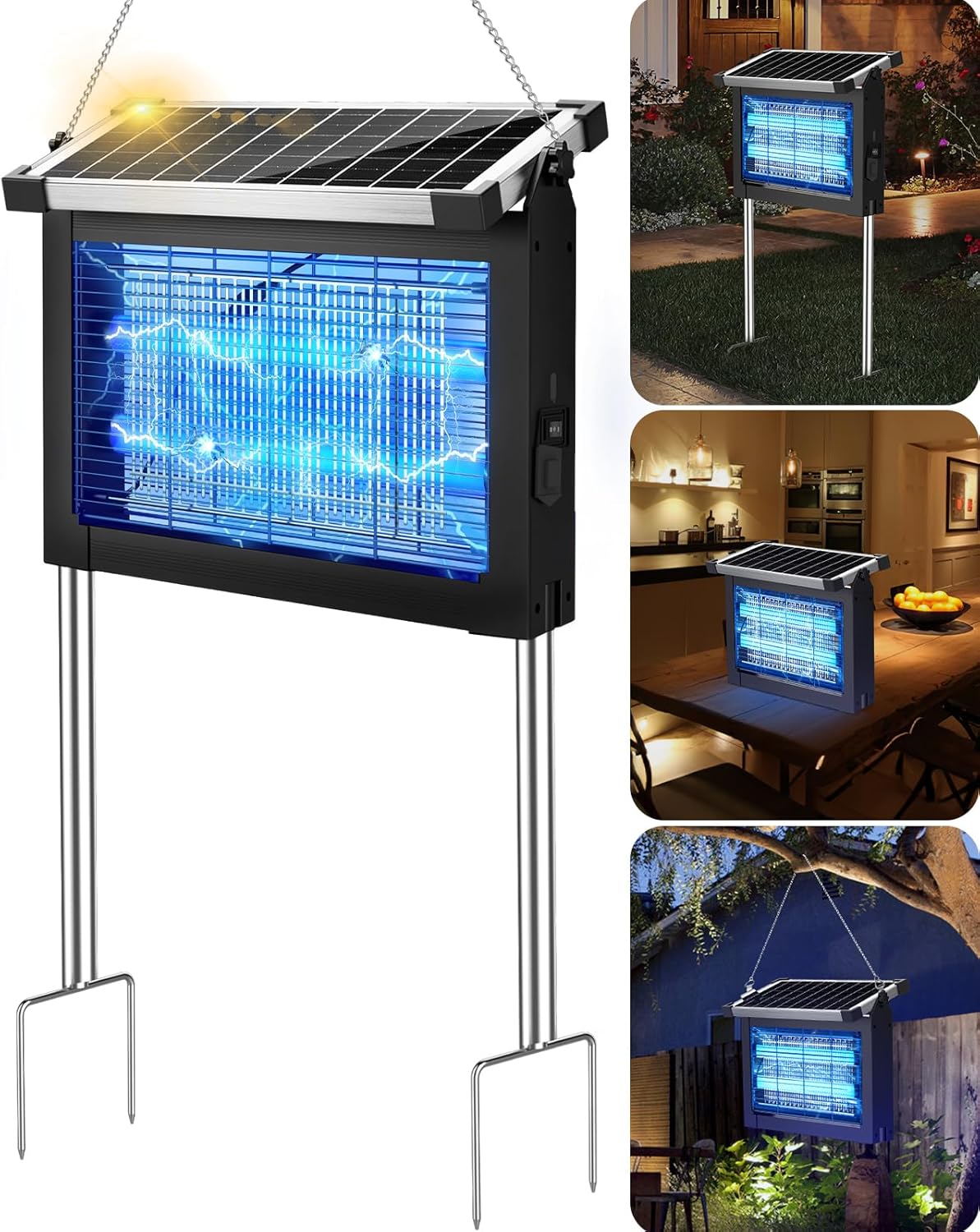 PhatroyYee Solar Bug Zapper Outdoor Indoor, 4000mAh Rechargeable Portable Fly Zapper, 4500V Electric Mosquito Killer with Panel Sensor & 10FT Extension Cord, Waterproof for Patio Camping Home Backyard