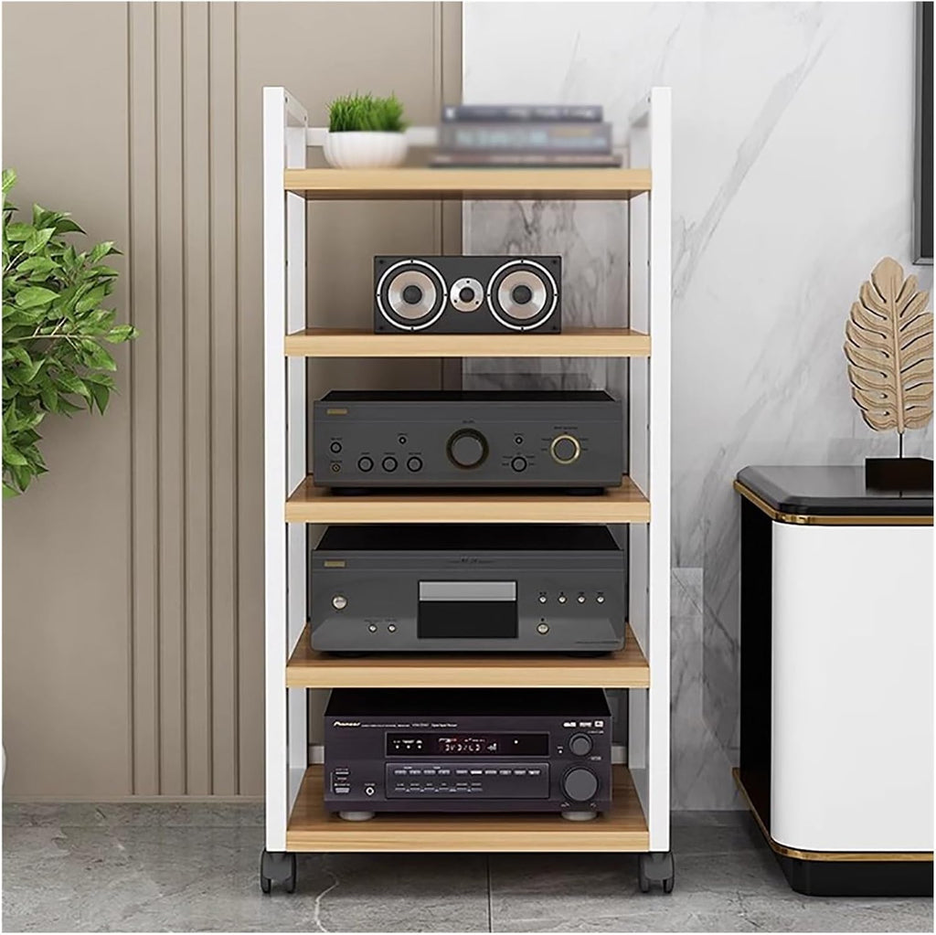 Audio Component Rack Media Stereo Stand Equipment Shelf 3 4 5 Tier, Free Standing Heavy Duty Media Storage Stands on Wheels, Commercial Home（White-#2-5 layer）