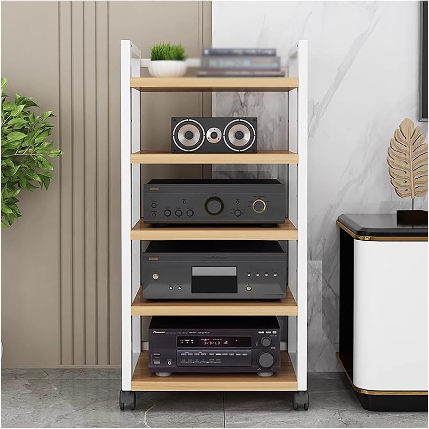 Audio Component Rack Media Stereo Stand Equipment Shelf 3 4 5 Tier, Free Standing Heavy Duty Media Storage Stands on Wheels, Commercial Home（White-#2-5 layer）