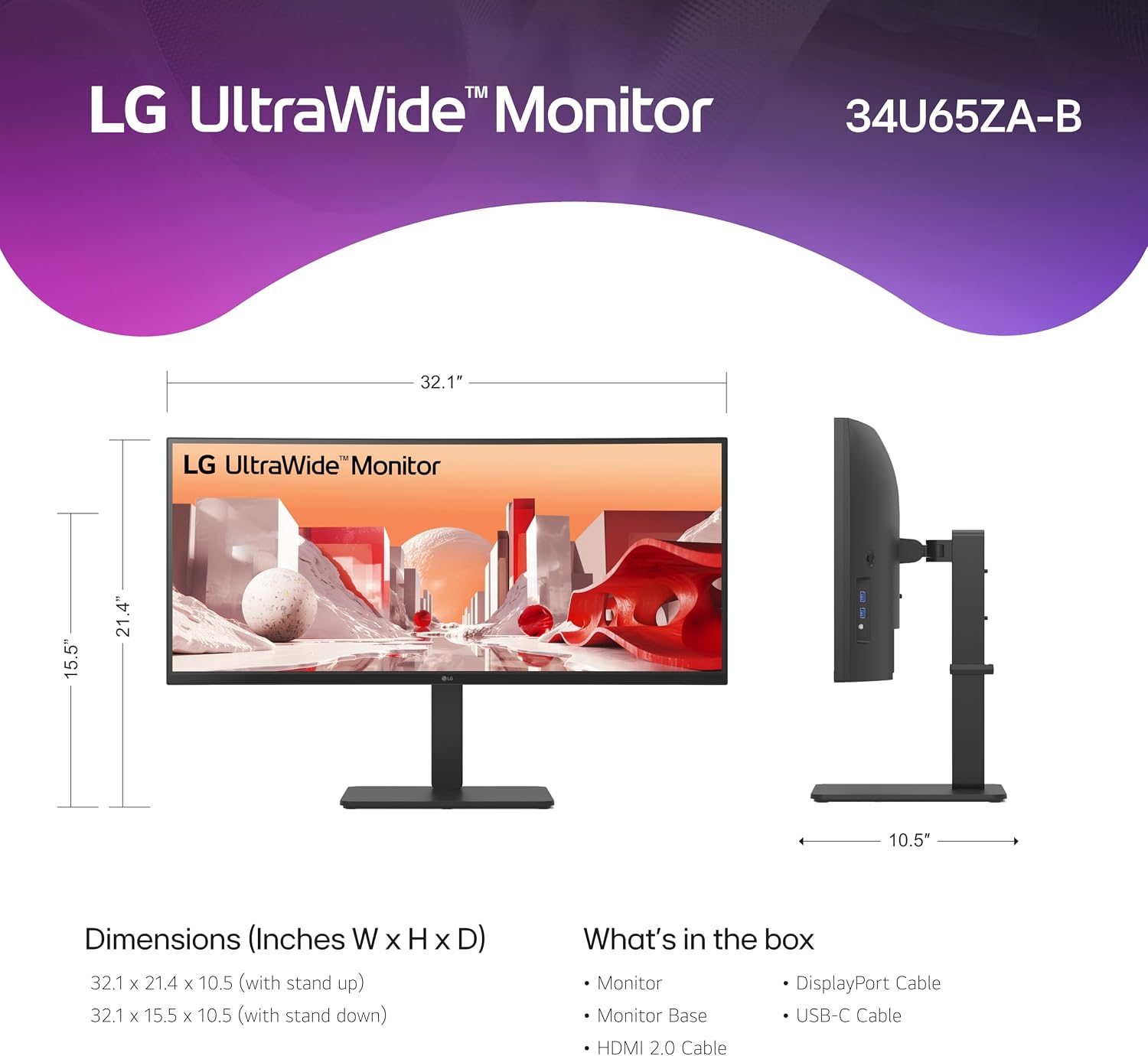 LG 34U65ZA-B UltraWide 34-Inch 3800R Curved Monitor QHD (3440 x 1440) IPS, Built-in Power, 3800R, HDR10, HDMI, DisplayPort, USB Type-C 90W PD, Built-in Speaker, Tilt/Height/Swivel Stand, Black