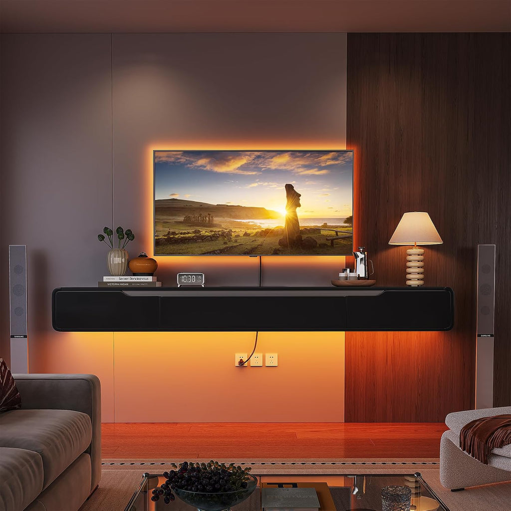 Fully-Assembled Floating TV Stand with Drawers, 47IN High Gloss Wall Mounted Entertainment Center, Modern Media Console with Storage, Under TV Shelf for Bedroom Living Room Black