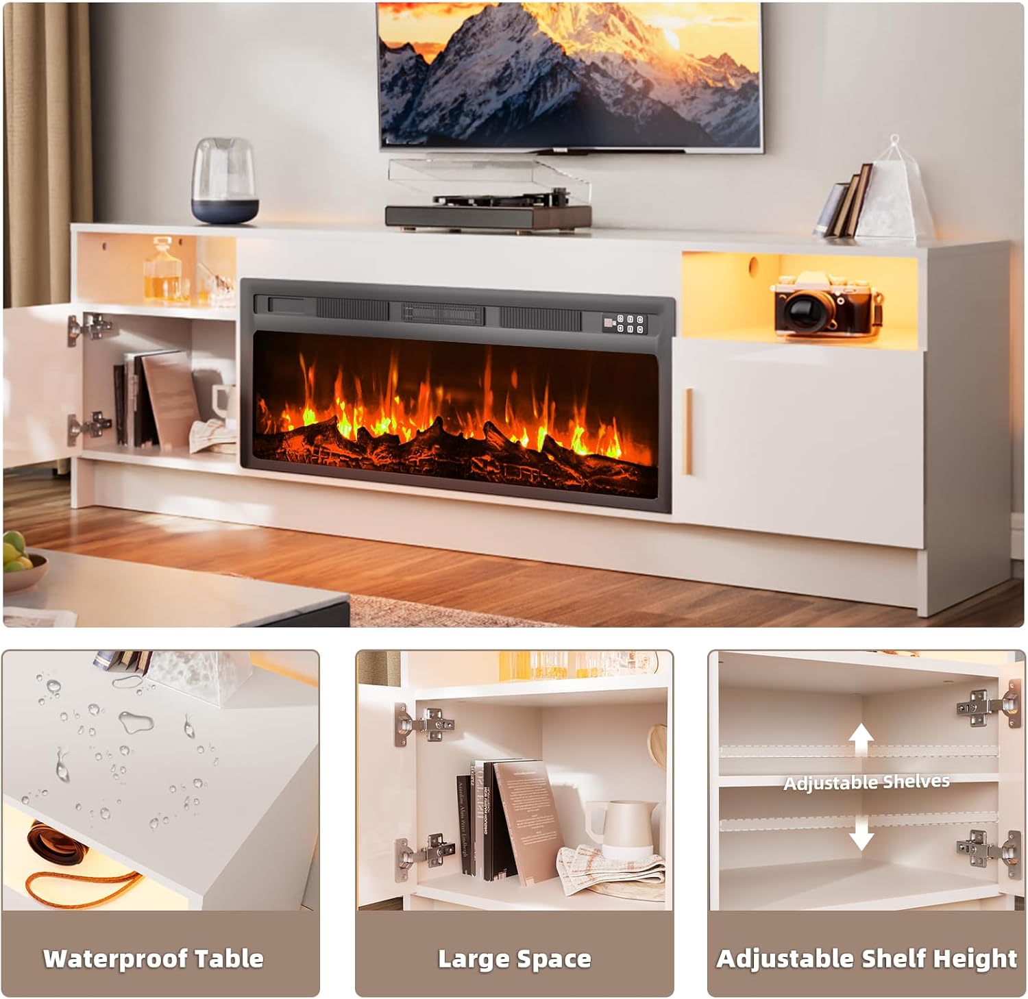 EAG 70' Electric Fireplace TV Stand with 36 inch Fireplace Up to 80' TVs, Entertainment Center with with Storage Cabinet & LED Lights, Modern Media Console for Living Room, White