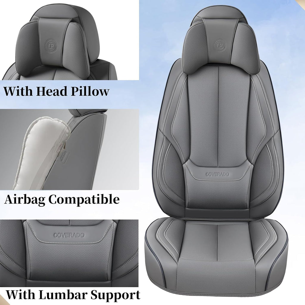 Coverado Universal Seat Covers Front, 2-Pack Waterproof Seat Covers for Cars, Universal Nappa Leather Car Seat Covers with Head Pillow, Auto Protectors Fit for Most Sedans SUV Pick-up Truck-Gray