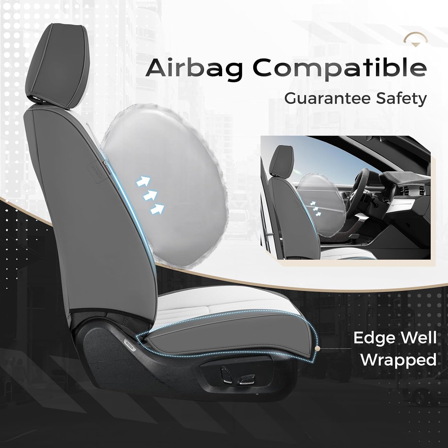 Coverado Car Seat Covers Front Seats, Seat Covers for Cars, Car Seat Protector, 2-Pack Car Seat Cushion Nappa Leather, Waterproof Seat Covers Carseat Cover Universal Fit for Most Cars(Gray&White)