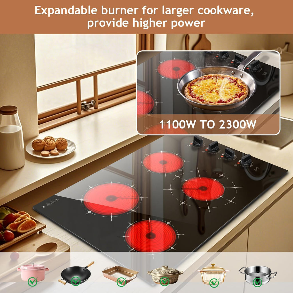 Karinear 4 Burner Electric Cooktop 30 Inch, Knob Control Built-in Electric Stove Top, 30' Radiant Ceramic Cooktop, 9 Power Level, Hot Warning, Expandable Burner, 220V 6700W, No Plug