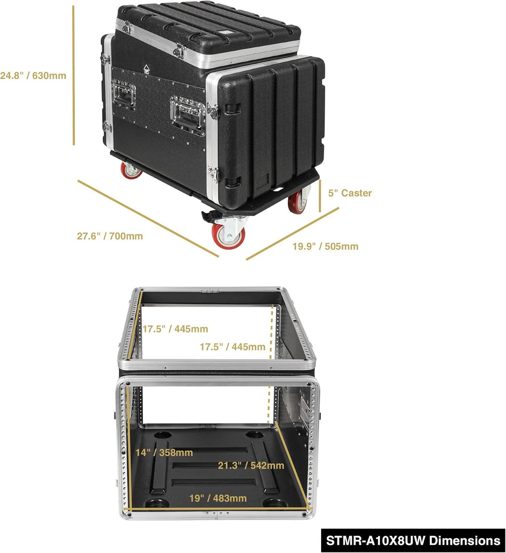 Sound Town Lightweight and Compact 8U ATA ABS Rack Case, with Slant Mixer Top, Casters, 21' Depth, 10U Top and 8U Side Spaces (STMR-A10X8UW)