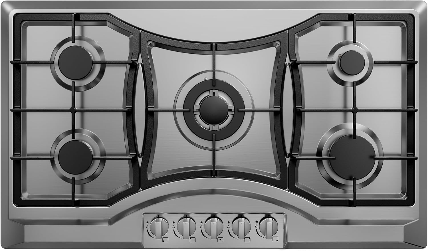 36 inch Drop-in Gas Cooktop with 5 Sealed Burners, Stainless Steel Gas Stovetop, Dishwasher Safe Cast Iron Grates, NG/LPG Convertible, 38K BTU