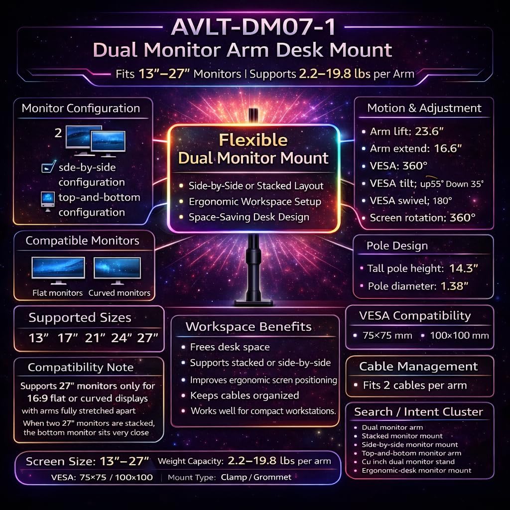 AVLT Dual 13 to 27 in Stacked Monitor Arm Desk Mount, Fits Two Flat or Curved Screens, Full Motion Height Adjustable Swivel Tilt Rotation, VESA C-Clamp Grommet Cable Management