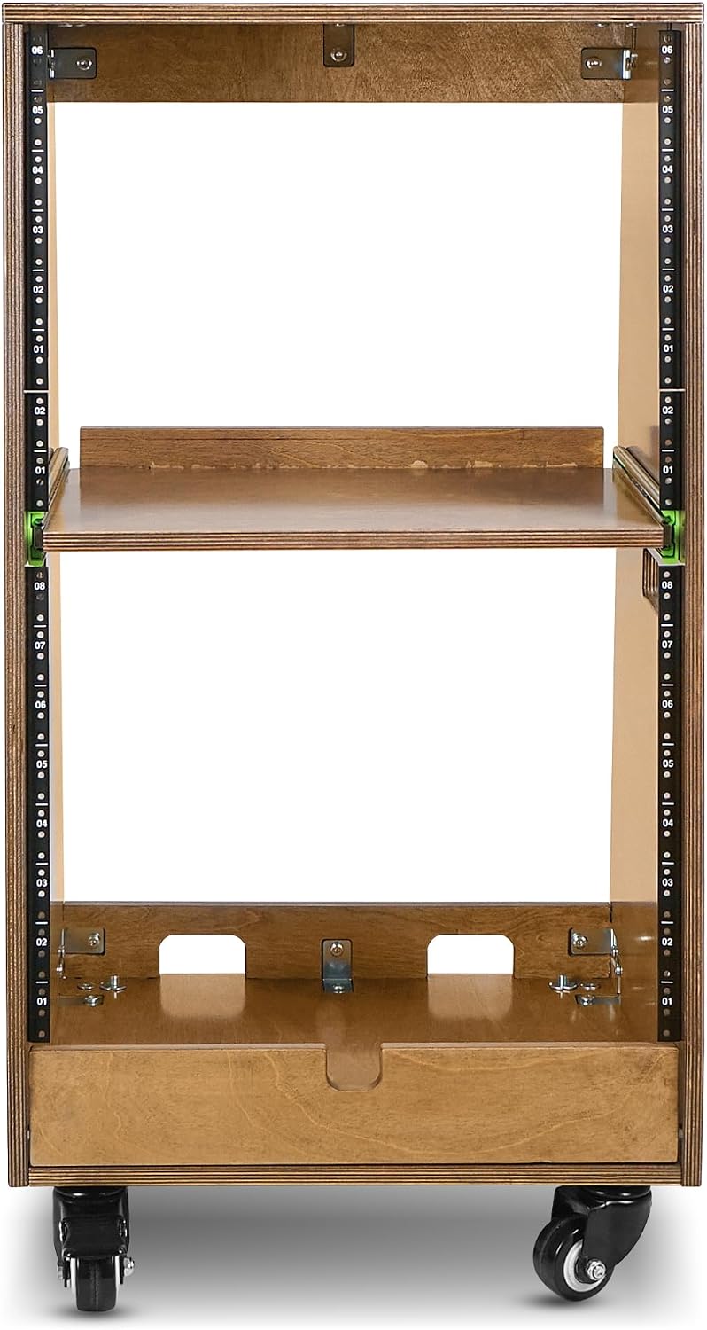 Sound Town DIY Slanted 16U Studio Rack (8U Top + 8U Lower), with 2U Bottom Storage, Slide-Out Tray, Caster, Plywood, Weathered Brown for Recording Room, Home Studio (SDRK-ST16TB)