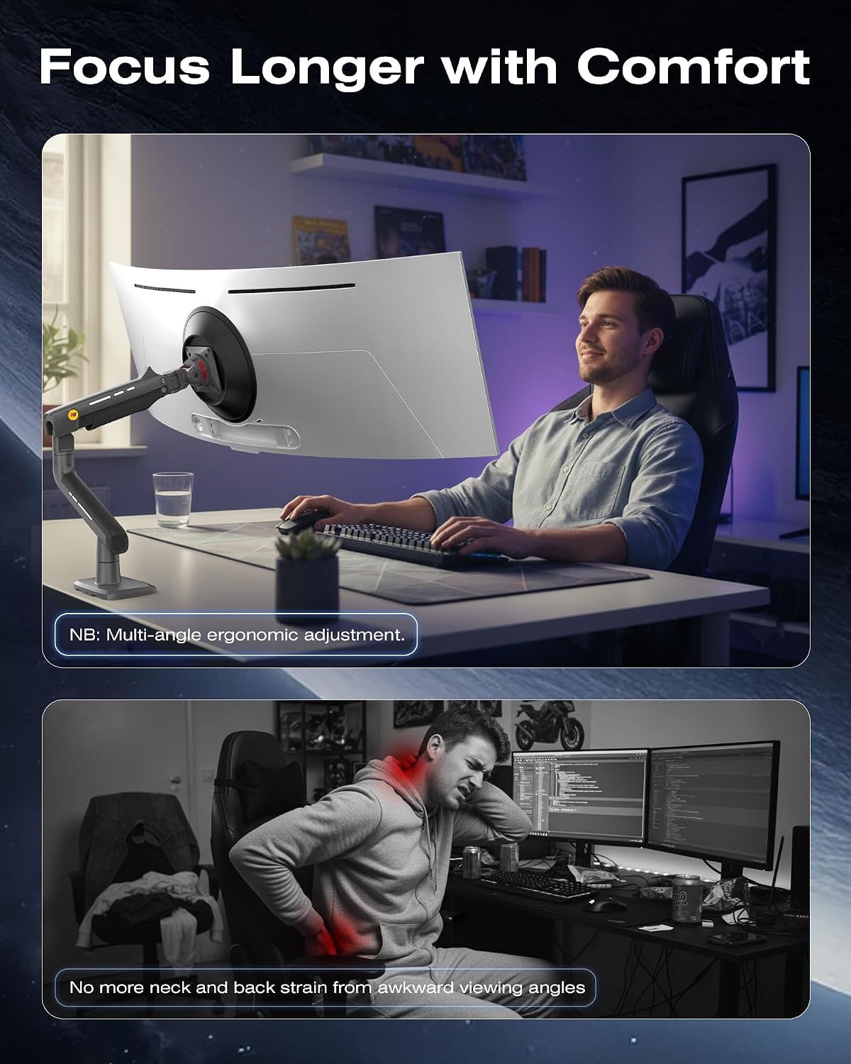 NB Gaming Monitor Arm for Screen up to 60 inches, Holds 44 lbs(20 kg), VESA 75/100, RGB Light, Heavy Duty Monitor Stand, Aluminum Ultrawide Screen Mount Height Angle Adjustable Grey Black