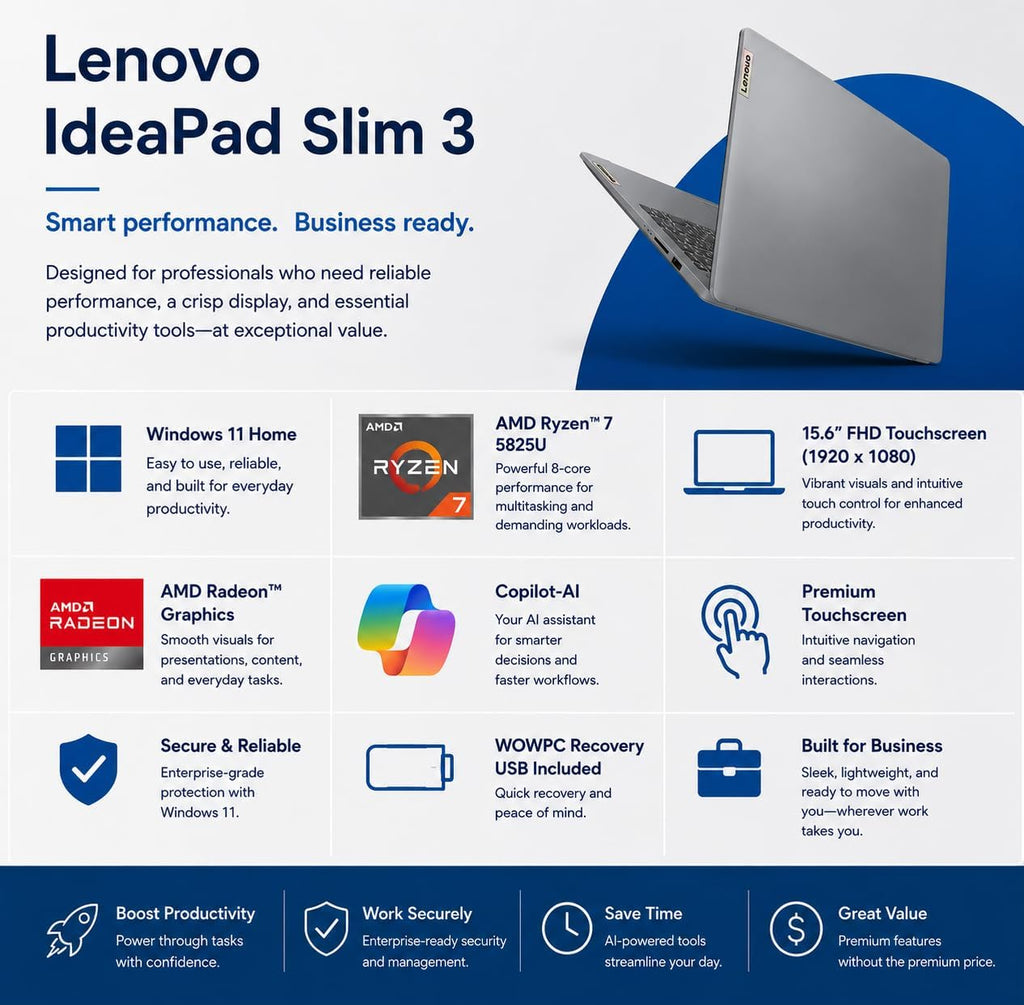 Lenovo IdeaPad Slim 3 Touchscreen Business Laptop, Ryzen 7 5825U Processor (Beats i7-1355U), 15.6' FHD LED Display, 16GB RAM, 1TB PCIe SSD, SD Card Reader, WiFi 6, Windows 11, WOWPC USB, no Mouse