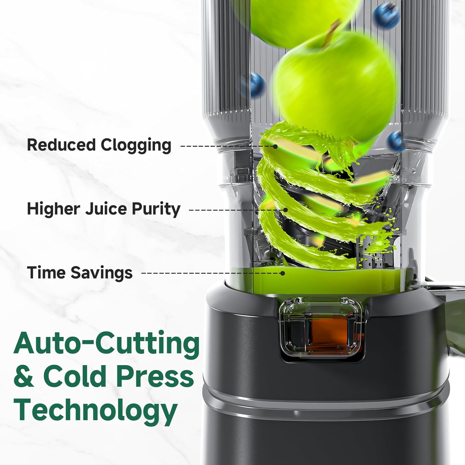 AMZCHEF Cold Press Juicer – 6.5' Wide Mouth Hopper for Whole Recipe Loading, Self Feeding for Hands-Free Operation, Zero Waste Masticating Juicer For More Juice, Less Pulp – Triple Strainers