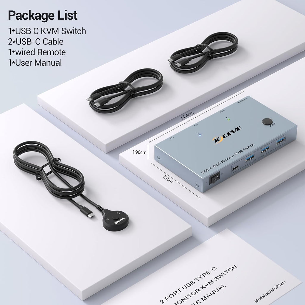 USB C KVM Switch 2 Monitors 2 Laptops, 4K@60Hz USB C Dual Monitor KVM Switch for 2 laptops to Share 2 Monitor and 4 USB3.0 Devices, 80W PD Charging, Wired Remote and Cables Included