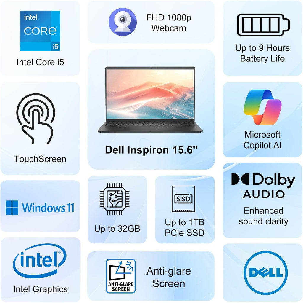 Dell 15.6' FHD Touchscreen Laptop | 13th Gen Intel Core i5-1334U(Beat i7-1250U) | 16GB RAM | 1TB PCIe SSD | Wi-Fi 6 | 1080p Webcam | Copilot AI | USB-C | Business & Study Ready | Windows 11