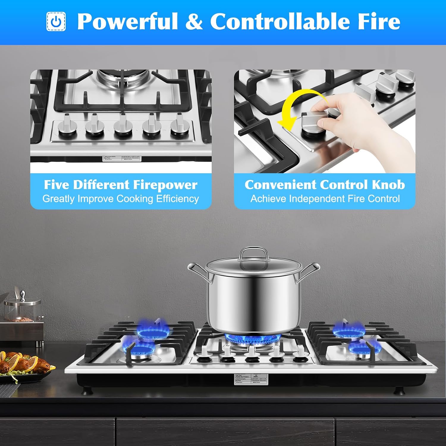Gas Cooktop, 5 Burner Propane Stove Top, Electronic Pulse Ignition Portable Gas Stove with Push-button Rotary Switch, Built-In Stainless Steel GasCooktop for Homes or Restaurants.