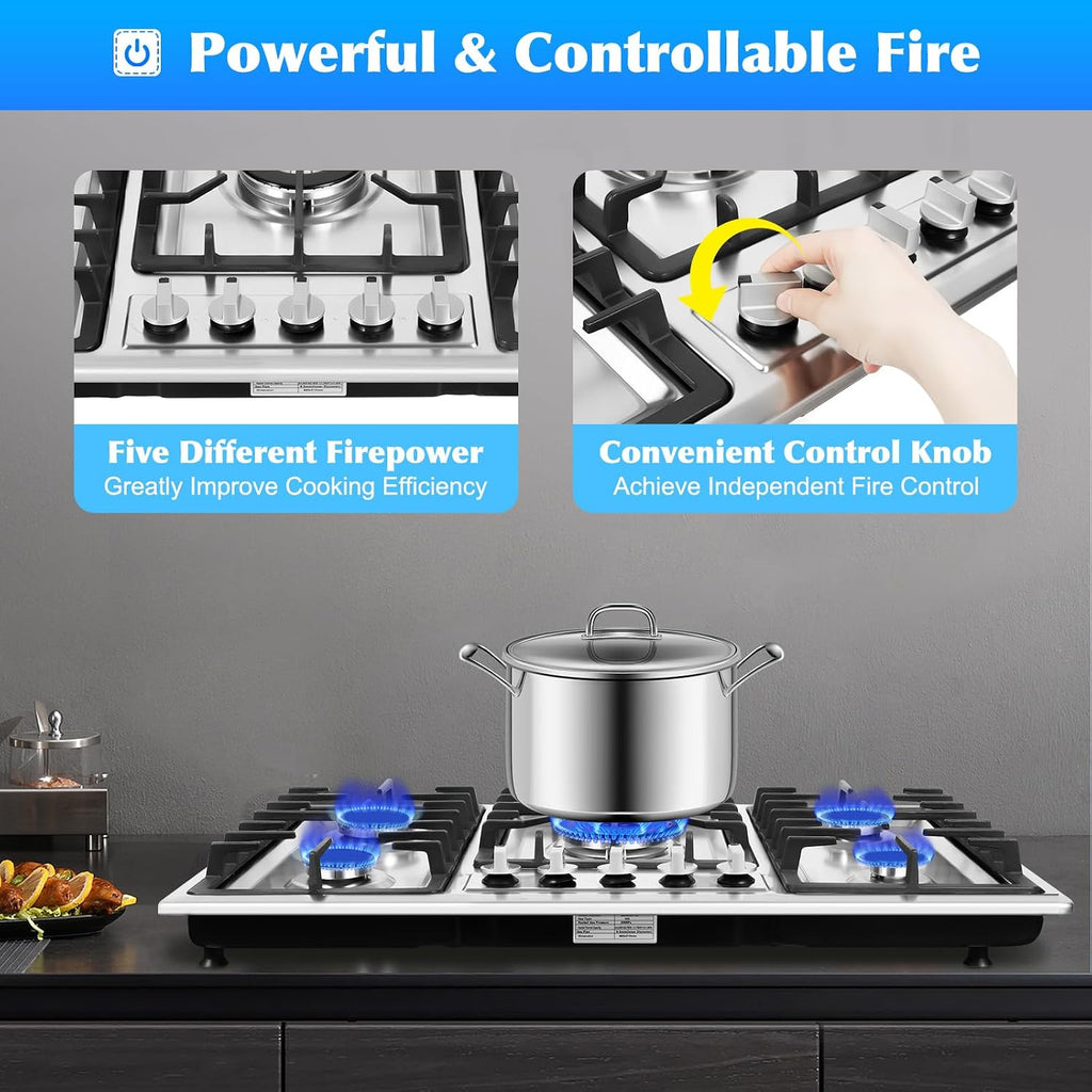 34 Inch Gas Cooktop with 5 Burners, Stainless Steel Gas Cooktop Built-In Gas Stove Top Commercial Home Gas Cooktops